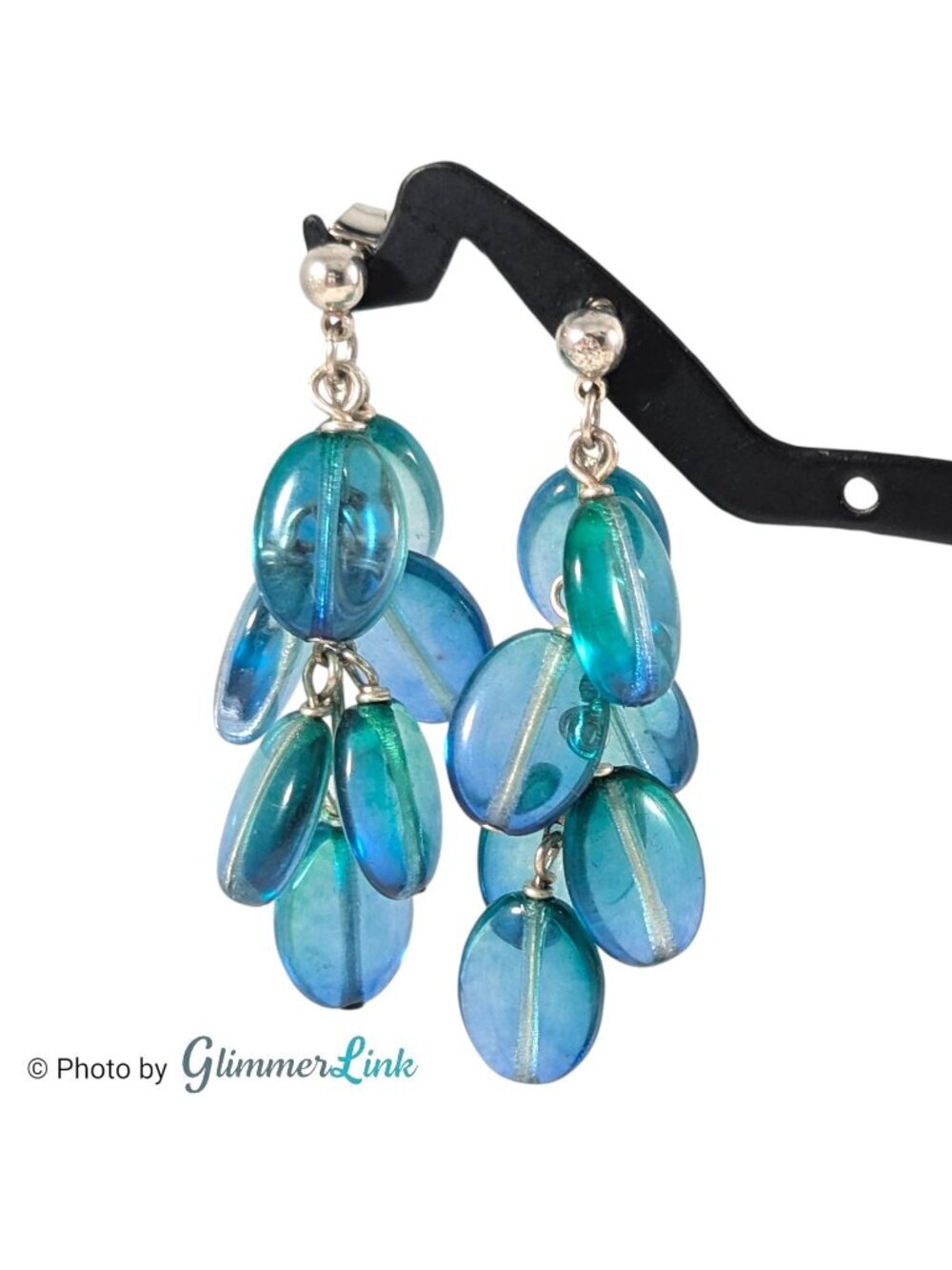 Vintage Blue Glass Bead Cluster Dangle Earrings Silver Tone Posts